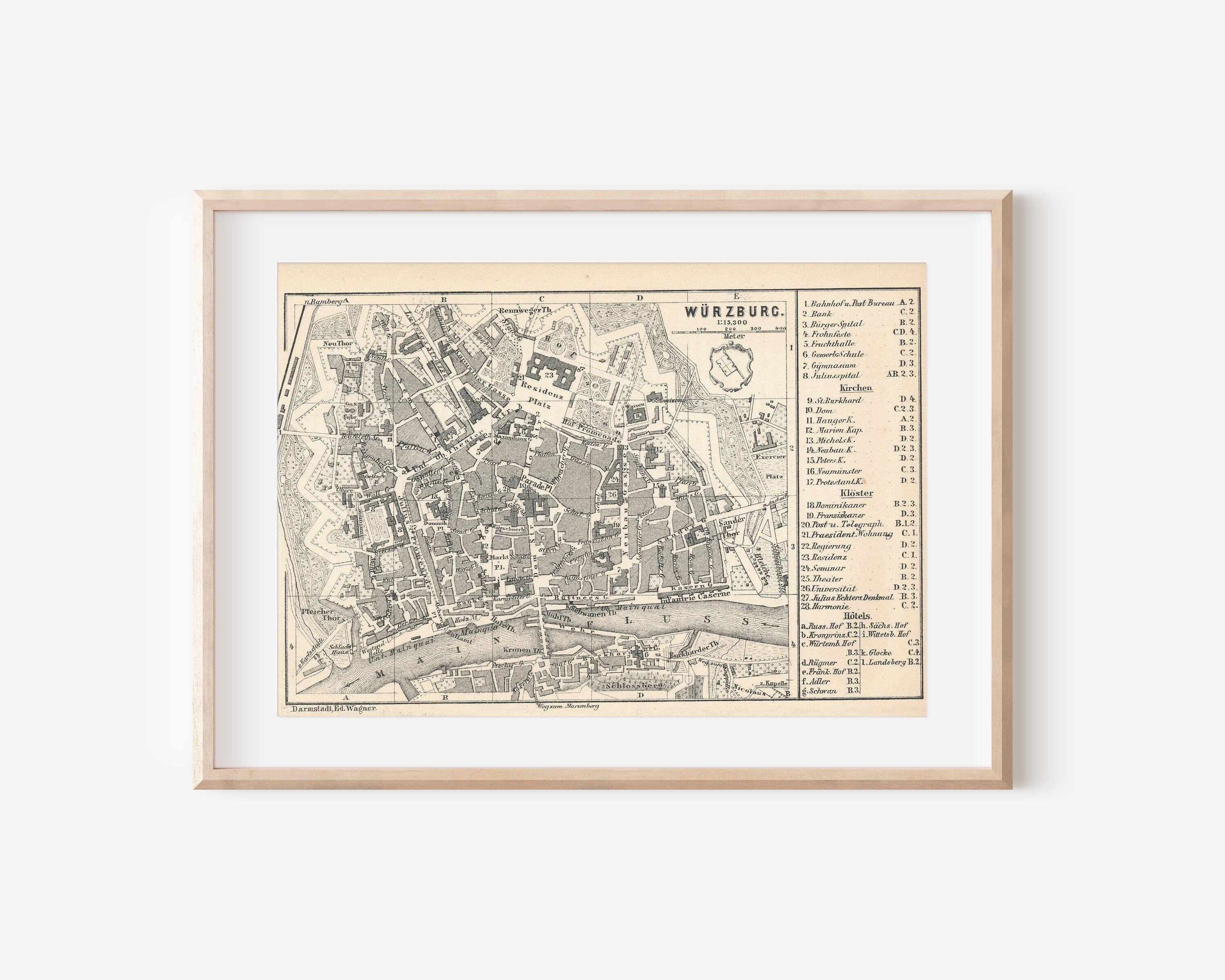 1873 Wurzburg Germany Antique Map - Etsy