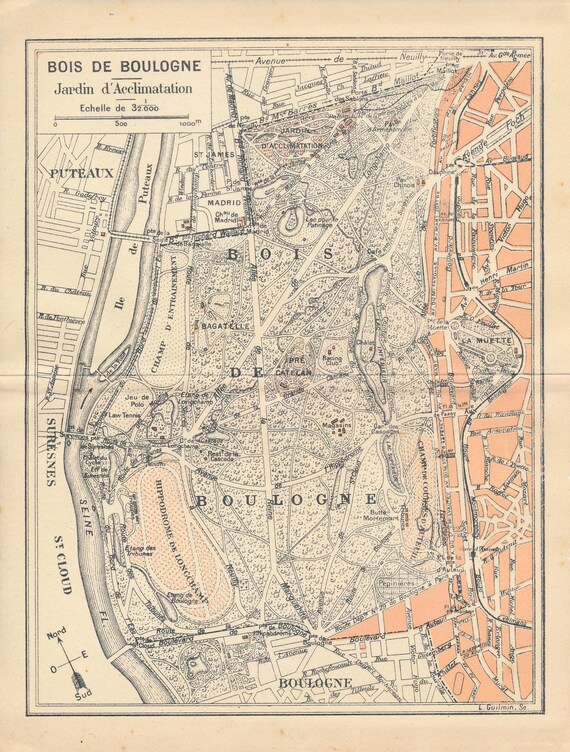 1930 年パリ フランス ブローニュの森のアンティーク地図 - Etsy 日本