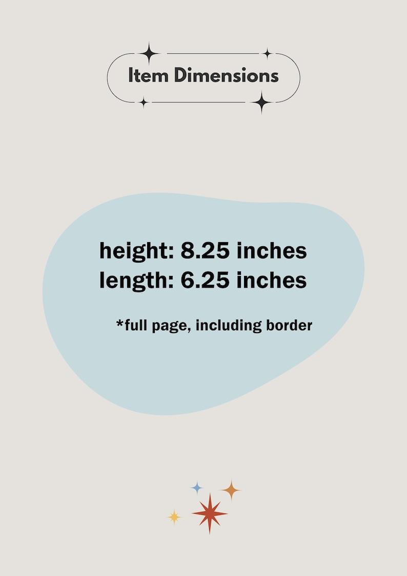 K&ouml;nnte beinhalten: Eine hellblaue Illustration einer Seite mit dem Text "H&ouml;he: 8,25 Zoll, L&auml;nge: 6,25 Zoll *volle Seite, einschlie&szlig;lich Rand".