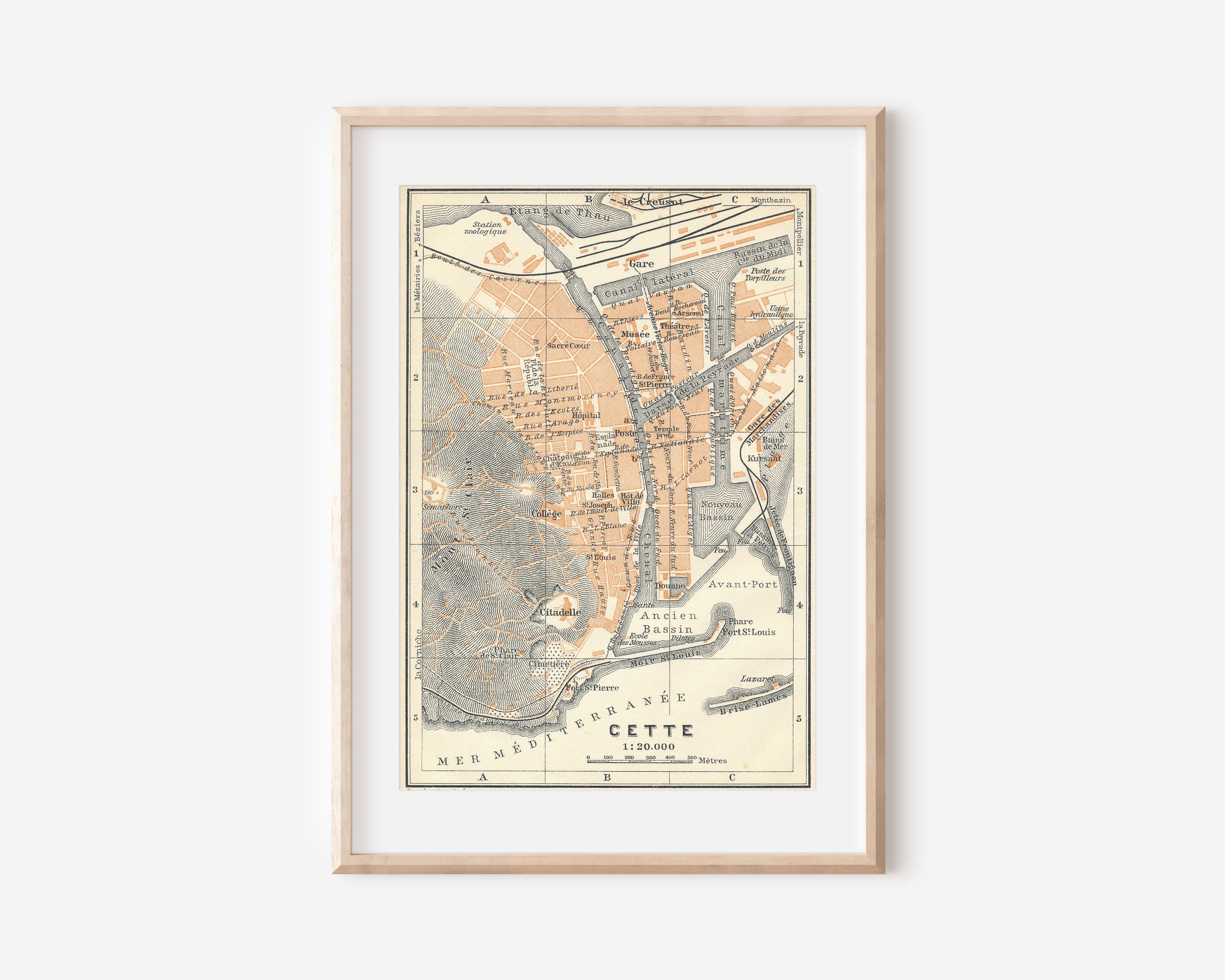 フランスアンティーク　MAP 1910 Cette France Antique Map - Etsy Canada