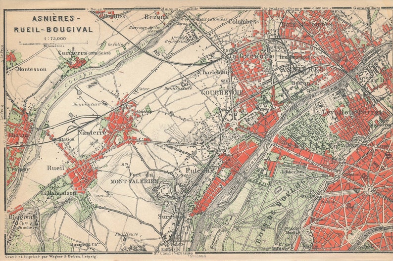 1924 Asnieres Paris France Antique Map 1924 Asnieres Paris France Antique Map
