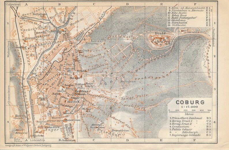 1913 Coburg Germany Antique Map