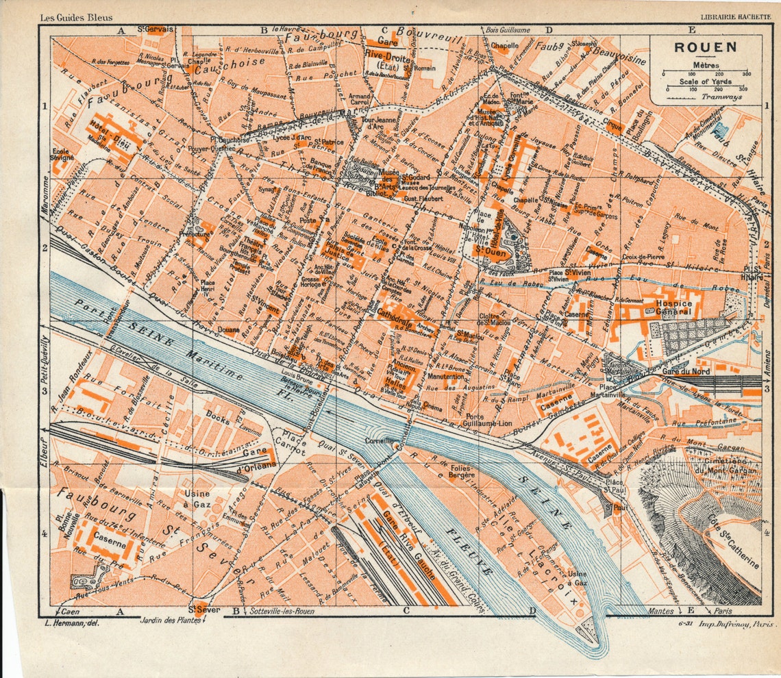 Mapa antiguo de Rouen Francia de 1932 Etsy