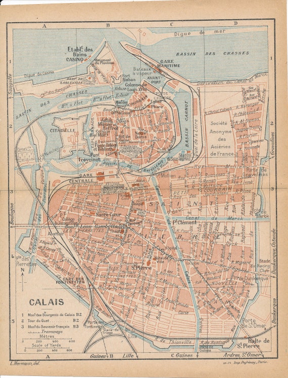 1925 Calais France Antique Map Etsy