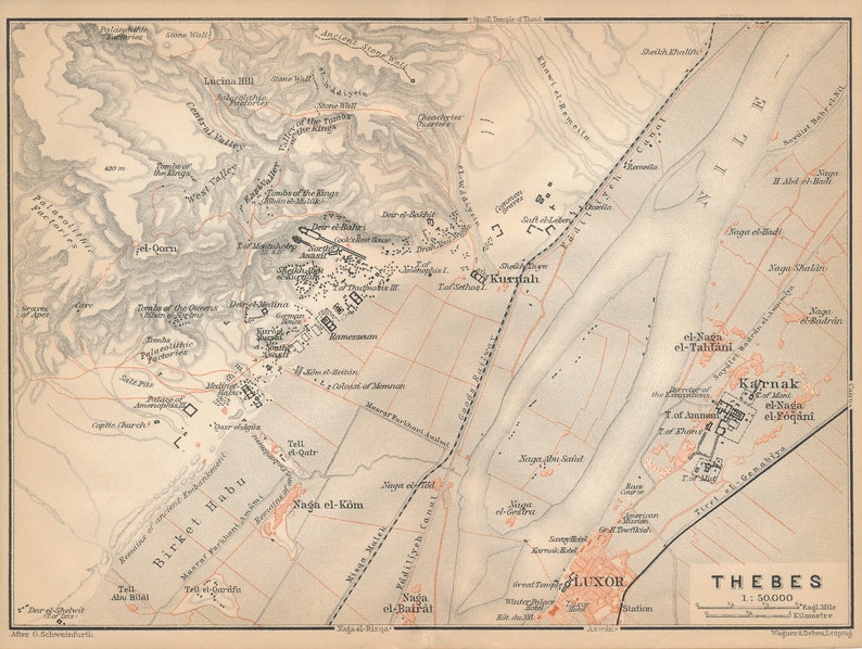 1914 Thebes Egypt Antique Map | Etsy