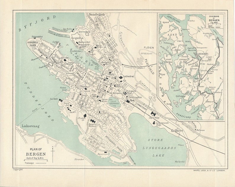 1929 Bergen Norway Antique Map 1929 Bergen Norway Antique Map