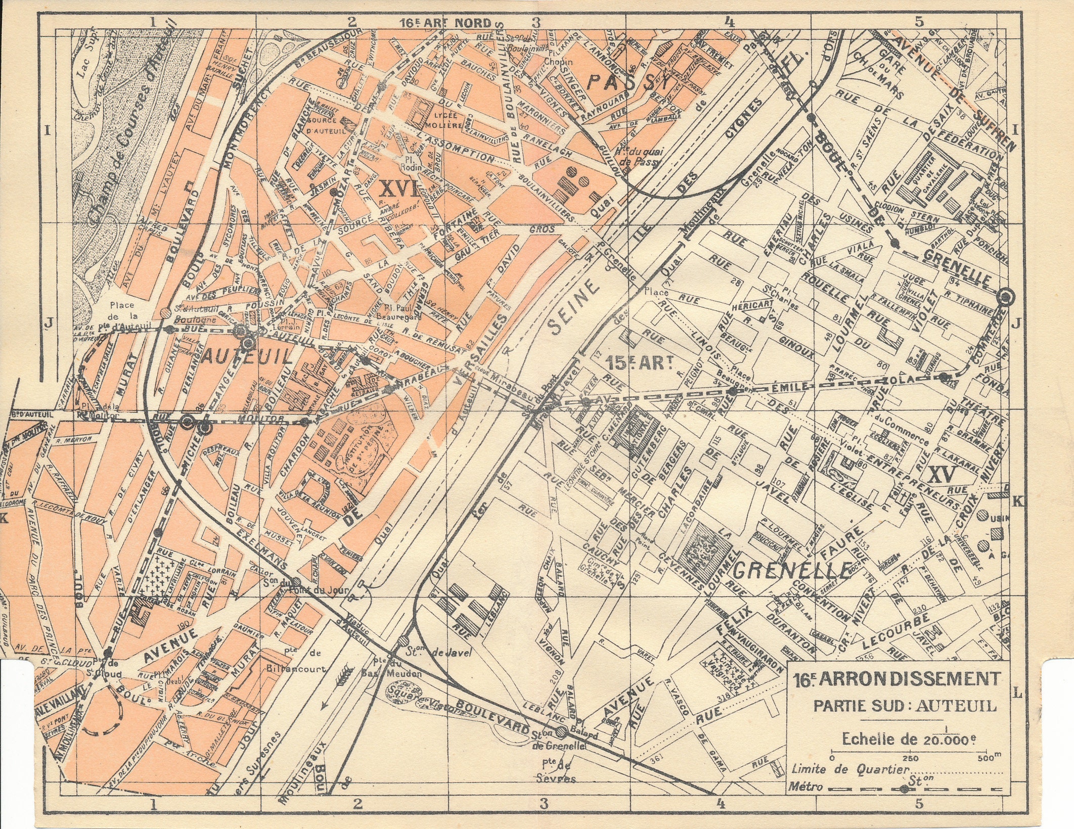 1930 年パリ フランス アンティーク近隣地図、オートゥイユ 16 区