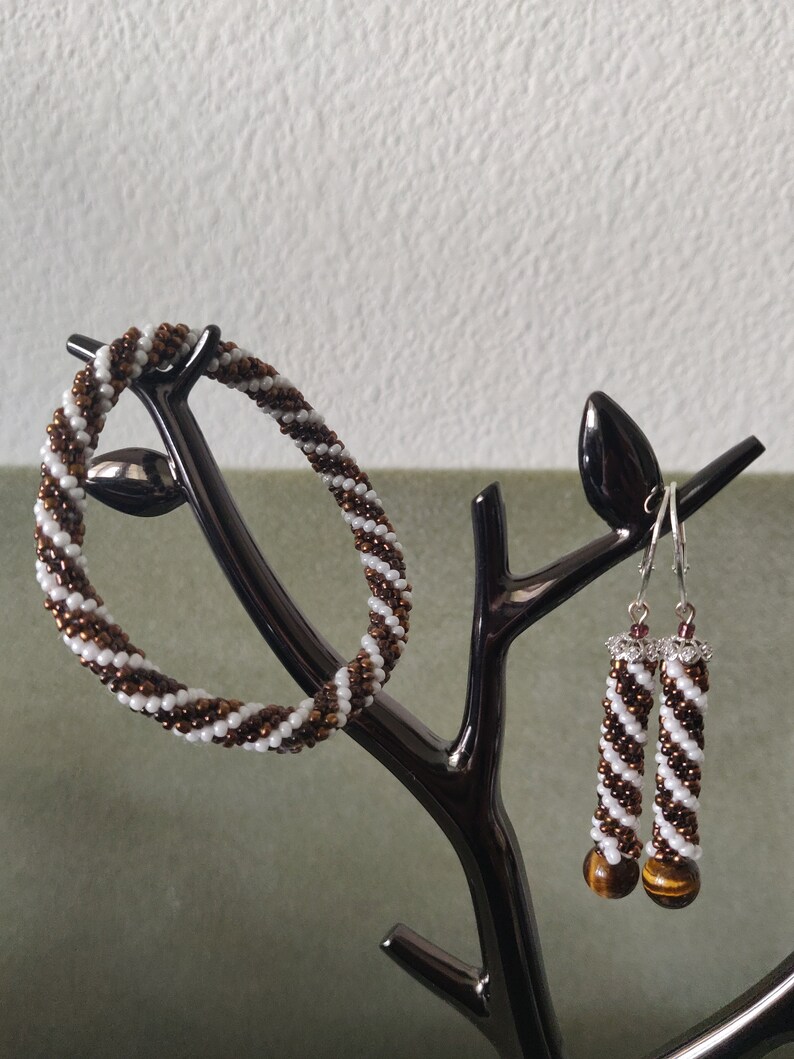 Nepalese handmade crocheted bracelet earring|8 mm Tiger Eye|boho and hippie style easy fit bracelet|CZ bead cover|925 ear wire|gift for her