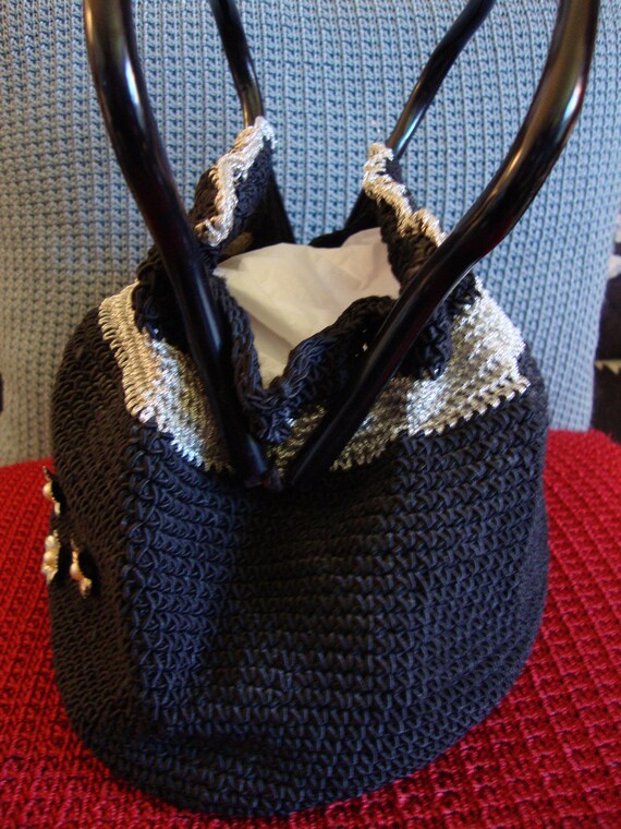 Vintage Handbag, Black & Silver Crochet - image 10