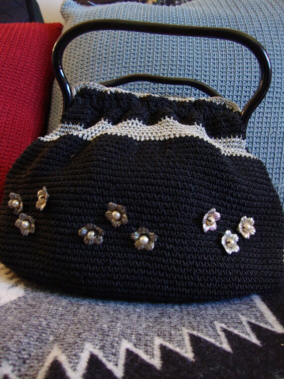 Vintage Handbag, Black & Silver Crochet - image 4