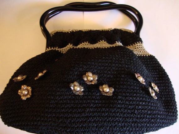 Vintage Handbag, Black & Silver Crochet - image 1