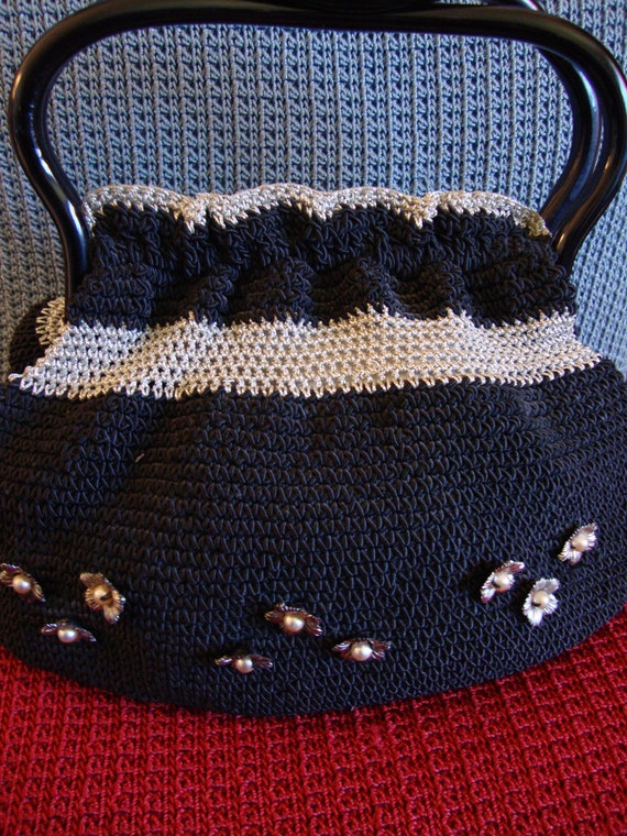 Vintage Handbag, Black & Silver Crochet - image 2