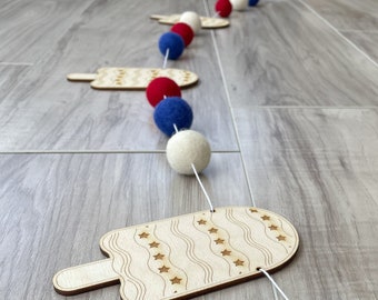 Summer Popsicle Garland Banner - Sun | Beach | Summer | Banner | Party | America | Patriotic | USA | Stars & Stripes | Wood | Felt Balls