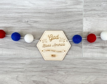 God Bless America Garland Banner - Independence Day | USA | Banner | Party | Patriotic | Stars | Stripes | Red | White | Blue | Wood
