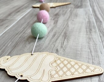Ice Cream Cone Garland Banner - Sun | Beach | Summer | Banner | Party | Birthday | Cupcake | Celebration | Wood | Felt Balls