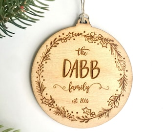 Custom Family Christmas Ornament, Last Name, Anniversary Ornament, Married, Wedding Ornament, Custom, Wood, Newlywed Ornament, Established