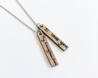 Wood Handwriting Necklace Vertical Pendant