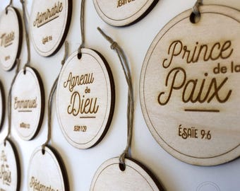Ensemble Boules de Noël Noms de Jésus | Décoration de Noël Chrétienne en Bois | Ensemble Avent 12 Pièces | Cadeau Religieux