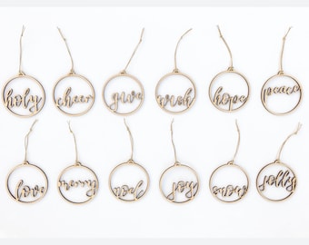 Words of Christmas Ornament Set of 12 | Wood Ornaments | Christmas Tree Decorations | Farmhouse Christmas Decor | Modern Christmas Decor|