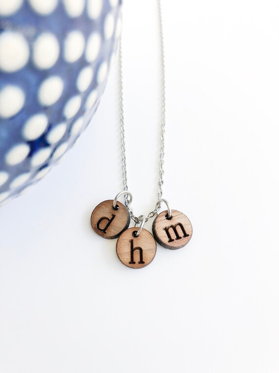 Wood Initial Necklace Pendant, Stainless Steel, Wood Necklace