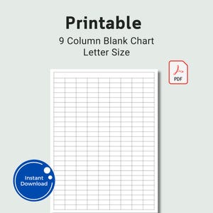 Puede incluir: Gráfico en blanco imprimible de 9 columnas, tamaño carta, PDF. Un gráfico en blanco con 9 columnas y muchas filas. El gráfico está sobre un fondo blanco.