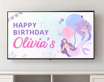 Personalized Mermaid TV Birthday Banner, Editable Party Backdrop (Canva)