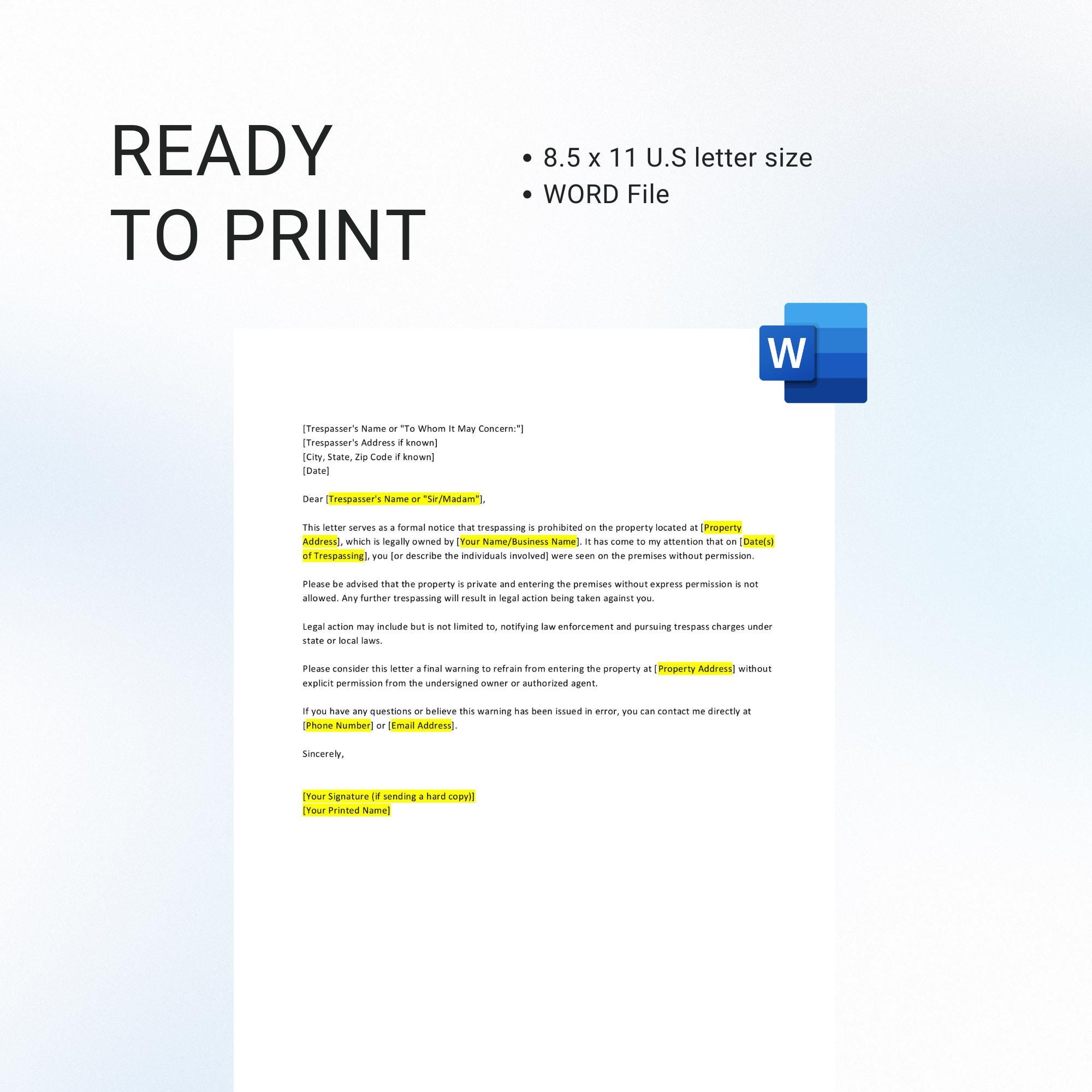 Editable No Trespassing Letter Template (word File) Etsy