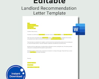 Editable Landlord Recommendation Letter for a Tenant, Landlord Recommendation Letter, Landlord Recommendation, Word Template