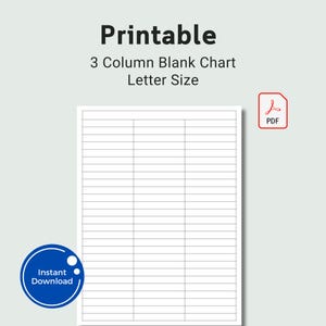Gráfico de 3 columnas en blanco para imprimir, ingresar texto, imprimir y escribir, archivo de descarga digital en formato PDF, plantillas de tamaño carta de EE. UU., descarga instantánea