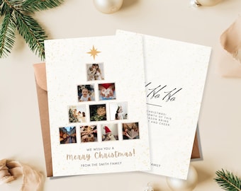 Editable Merry Christmas Photo Card Template Gold Christmas Tree Design Photo Greeting Card Canva Template, Printable Custom Holiday Card