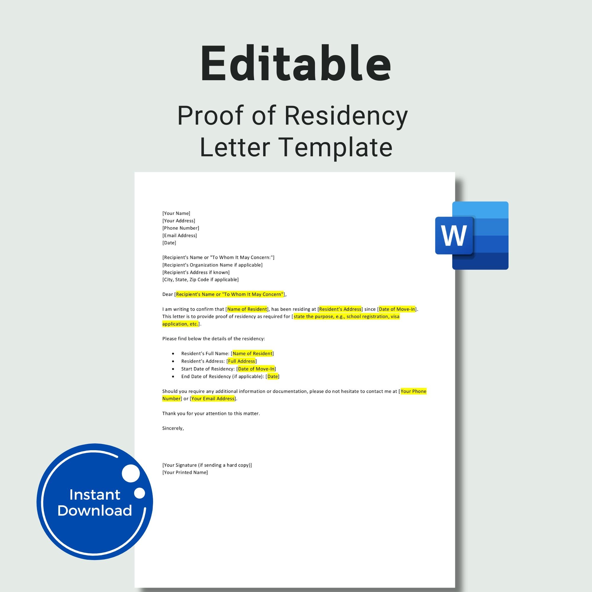 Editable proof of residency letter, letter of residency, proof of address letter, proof of address template Verification address Letter