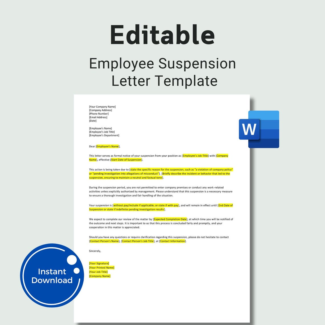Editable Employee Suspension Letter Template (word File) - Etsy