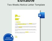Editable Two Weeks Notice Letter Template, Two Weeks Notice Letter, Two Weeks Notice Template, Two Weeks Notice, Word Template