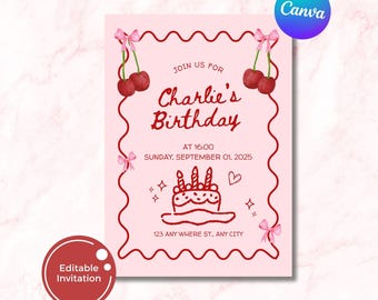 Cherry Birthday Invitation: Pink Coquette Party Invite (Canva Template)