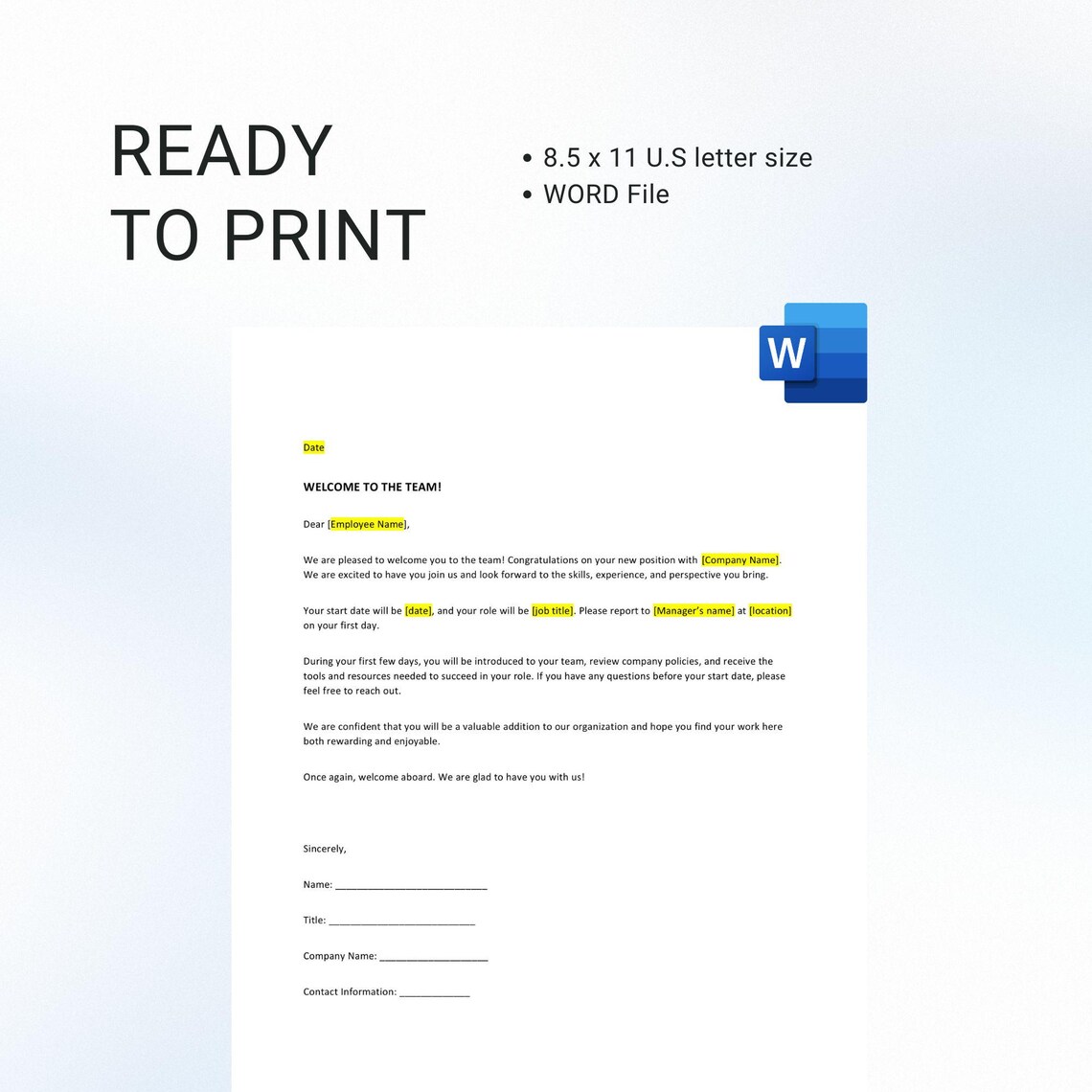 Editable New Employee Welcome Letter Template, Word Template, HR ...