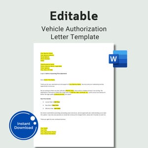 Plantilla de carta de autorización de vehículo editable en Word, carta de permiso de vehículo, formulario de uso de vehículo, autorización de automóvil, carta de autorización de vehículo DMV