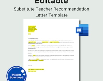 Substitute Teacher Recommendation Letter Template, Editable Word Reference Letter, Teacher Reference cover letter