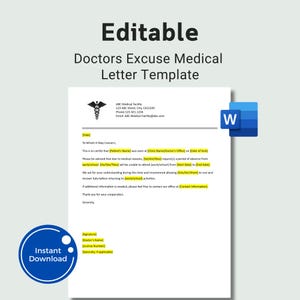 Nota médica editable para el trabajo y la escuela, plantilla de nota de excusa médica, carta de excusa médica, carta de nota médica en formato MS Word