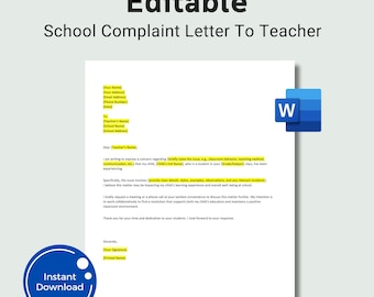 Editable School Complaint Letter to Teacher (Word Template)