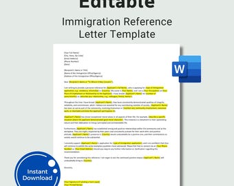 Editable Immigration Reference Letter Template, Immigration Reference Letter, Immigration Reference Template, Word Template, Word Letter