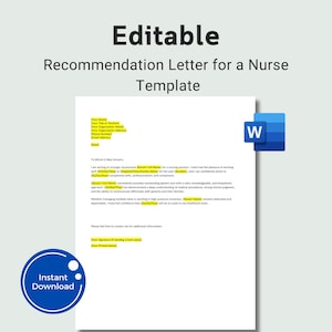 Plantilla de carta de recomendación editable para enfermeras. Plantilla de carta de enfermera, carta de referencia laboral de enfermería, plantilla de carta de recomendación.