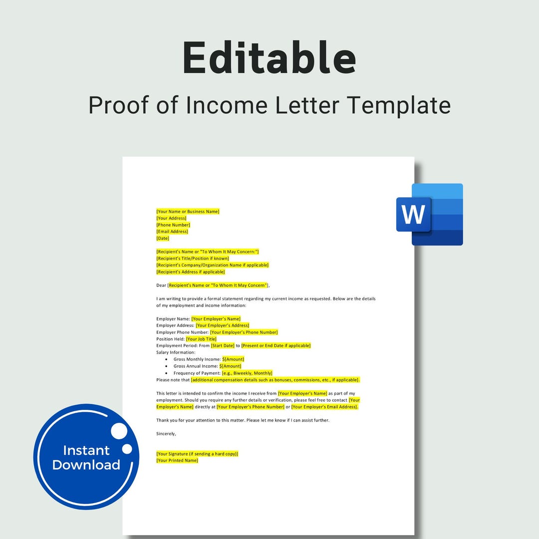 Editable Proof of Income Letter Template: Employment Verification (word ...