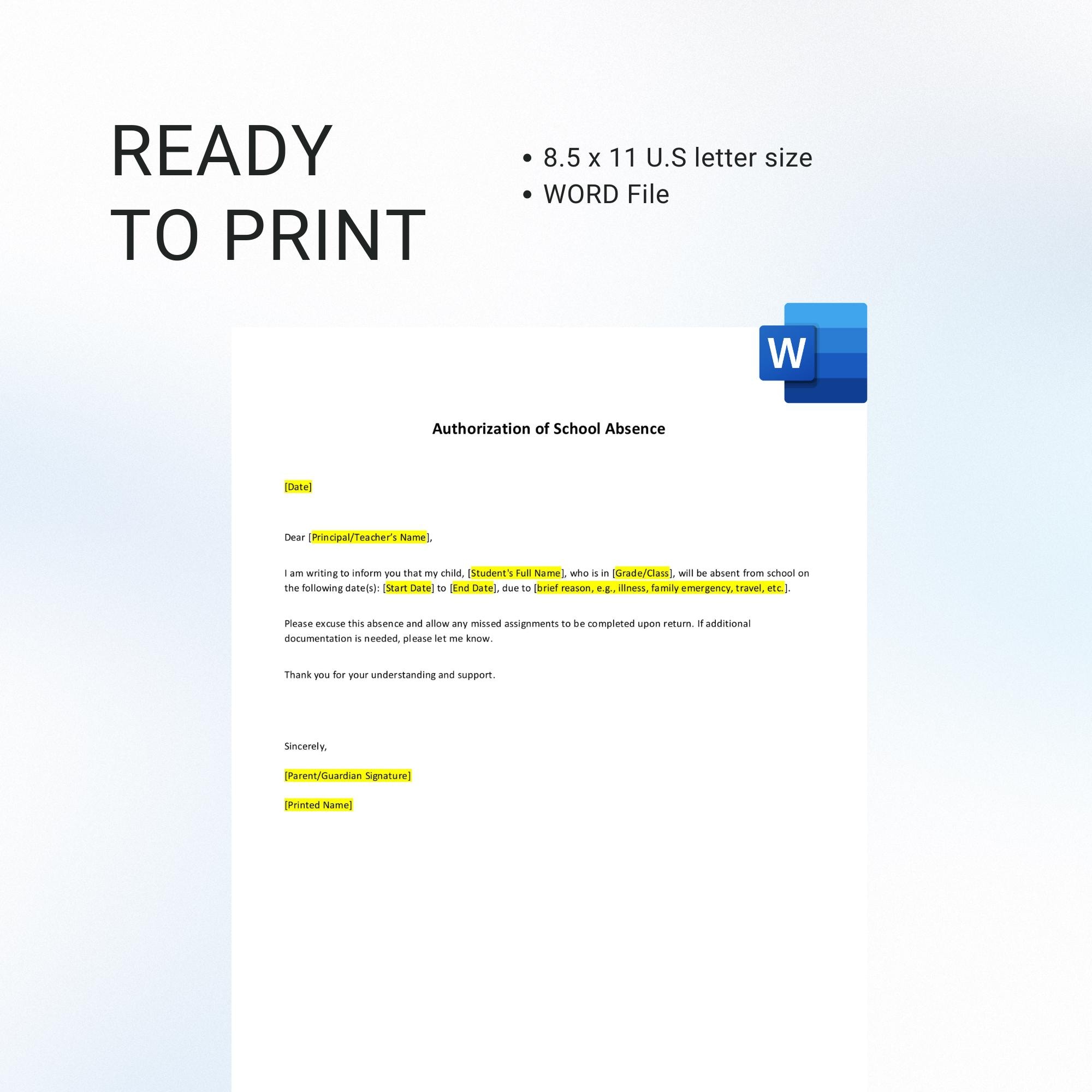 Editable School Absence Letter Template: Parent Excuse Note (word File ...