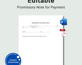 Editable Promissory Note for Payment Template, Promissory Payment Agreement, Promissory Agreement, Simple Loan Agreement, Promissory Word