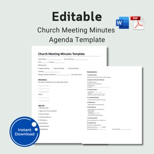 May include: A white document titled "Church Meeting Minutes Template" with fillable fields for meeting details. The image includes a "W" and "PDF" icon, and a blue circle with "Instant Download" text.