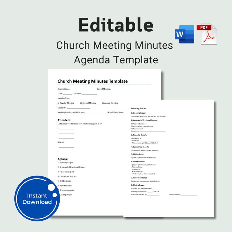 Editable Church Meeting Minutes Template: Instant Download - Etsy