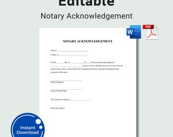 Editable Notary Acknowledgment Form: Printable Legal Document, Notarization, Notary Public, Notary Signing Digital Download