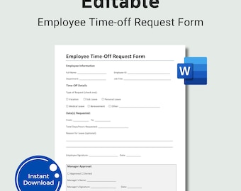 Editable Employee Time Off Request Form: HR Leave Tracker (Word Template, Instant Download)
