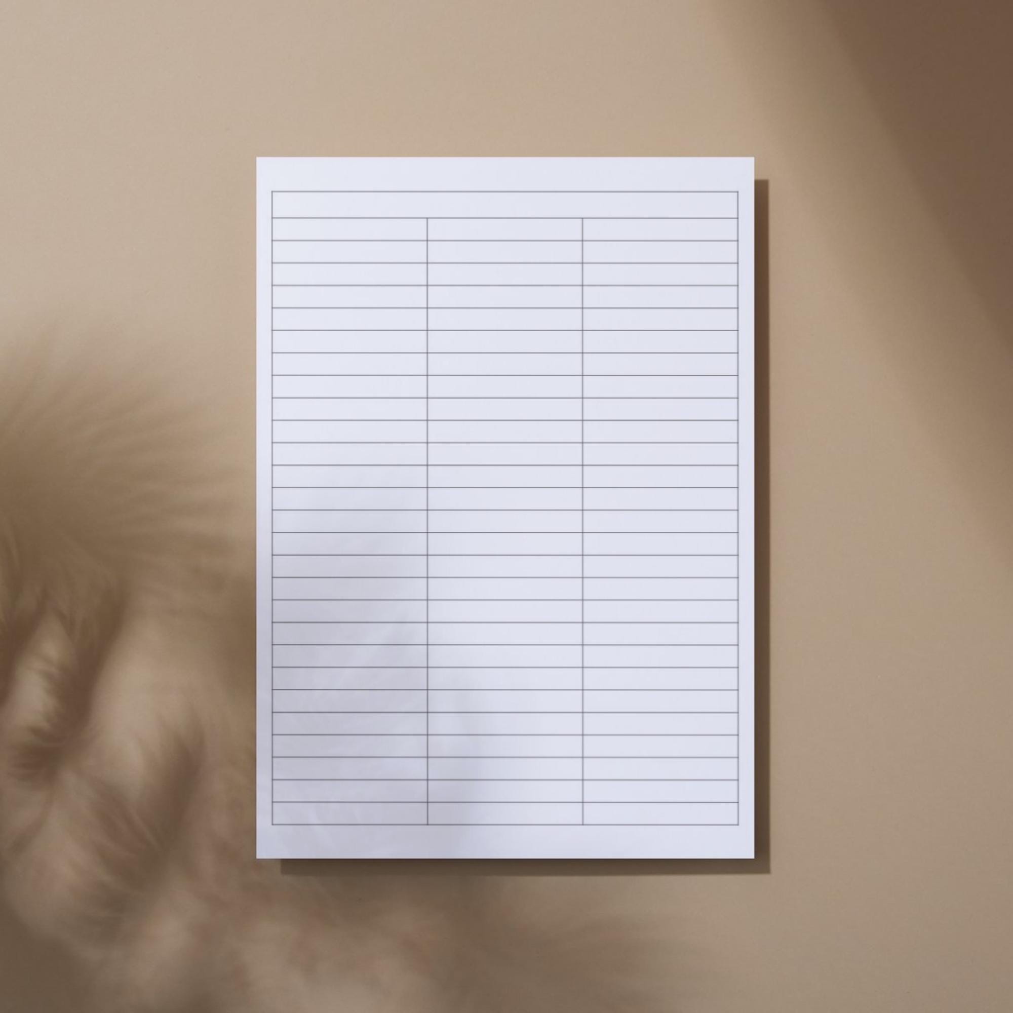Printable 3 Blank Columns Chart Text Input Print and Write PDF Digital ...