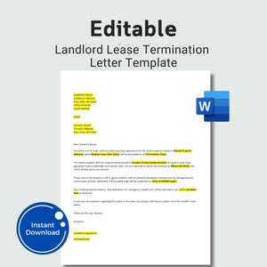 Op de afbeelding: Een wit document getiteld "Landlord Lease Termination Letter Template" met bewerkbare velden. Het document bevat een Microsoft Word-logo en een knop "Direct downloaden". De tekst is zwart op een witte achtergrond.